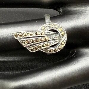 Sterling Silver Marcasite Ring 5.75 Art‎ Deco Wing Fan Design Vintage Jewelry